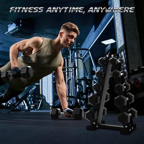 Rubber Coated Hex Dumbbell Set with Storage Rack T1246