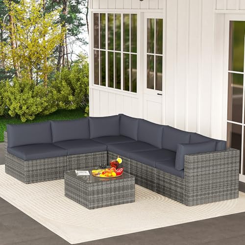 Outdoor Patio Furniture Set with Glass Tea Table, PE Rattan Wicker, Washable Cushions, Grey K8525