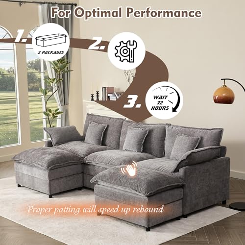 U Shaped Modular Sectional Sofa with Ottoman, Chenille, Black Z16537