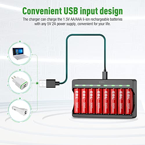 8 Pack Rechargeable Lithium AA Batteries with Charger B399