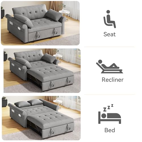 Sleeper Sofa Bed 3-in-1 Convertible Couch with Pullout Bed, 55'' Loveseat with Reclining Backrest, 2 Pillows and Storage Bag, Blue Gray H2215