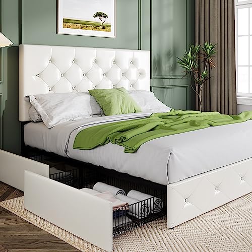 Upholstered Queen Platform Bed Frame with 4 Storage Drawers and Headboard G724955
