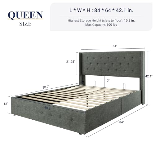 Full Size Lift Up Storage Bed with Wingback Headboard, Hydraulic Support, Light Beige P736605