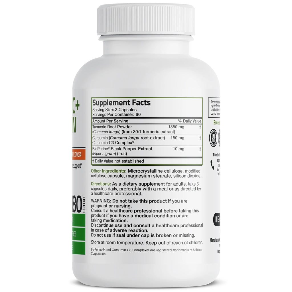 Turmeric Curcumin 1500 mg Joint and Digestion Support, 180 Vegetarian Capsules E425