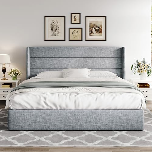 Full Size Lift Up Storage Bed with Wingback Headboard, Hydraulic Support, Light Beige P736605