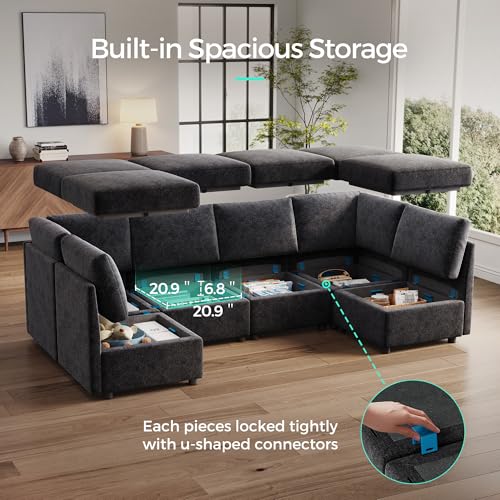 Modular Sectional Sofa with Storage, U Shaped Couch, Blue Y4358