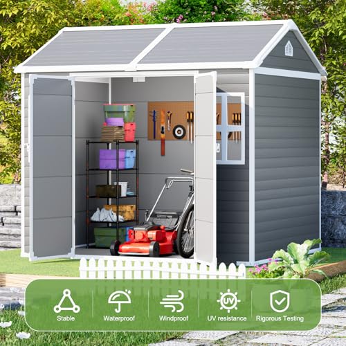 Resin Storage Shed, Waterproof Outdoor Tool Shed with Floor, Double Lockable Doors I89690