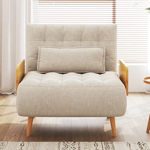 Convertible Chair Bed Sleeper for Adults, Linen with Wooden Arms & Pillows, Foldable Single Futon Sofa Bed Q683821