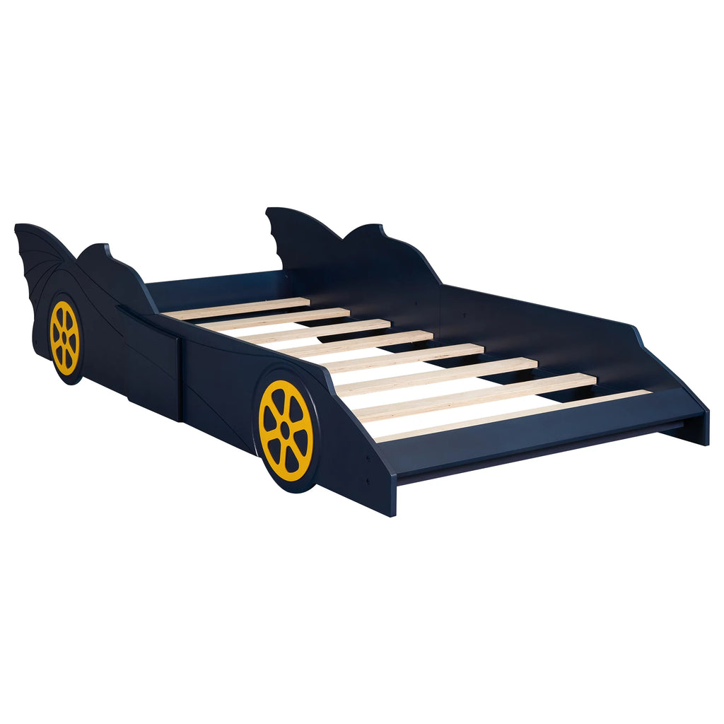 Race Car Shaped Twin Bed Frame with Wheels, Wooden Slats, No Box Spring Needed E72786