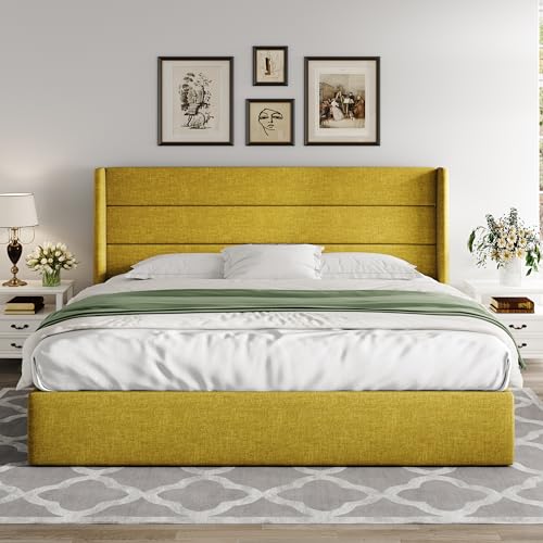 Full Size Lift Up Storage Bed with Wingback Headboard, Hydraulic Support, Light Beige P736605