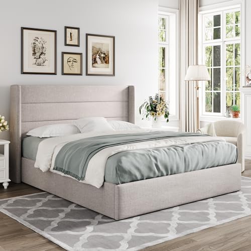 Full Size Lift Up Storage Bed with Wingback Headboard, Hydraulic Support, Light Beige P736605
