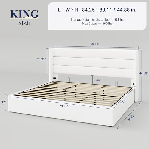 Full Size Lift Up Storage Bed with Wingback Headboard, Hydraulic Support, Light Beige P736605