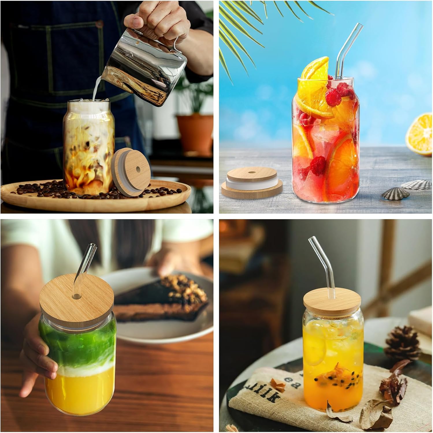 Bamboo Lid Drinking Glasses with Glass Straws, 16 oz, 9-Piece Set Y7260