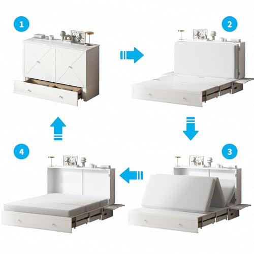 Queen Size Murphy Bed with Tri-Folding Mattress and Charging Station T181