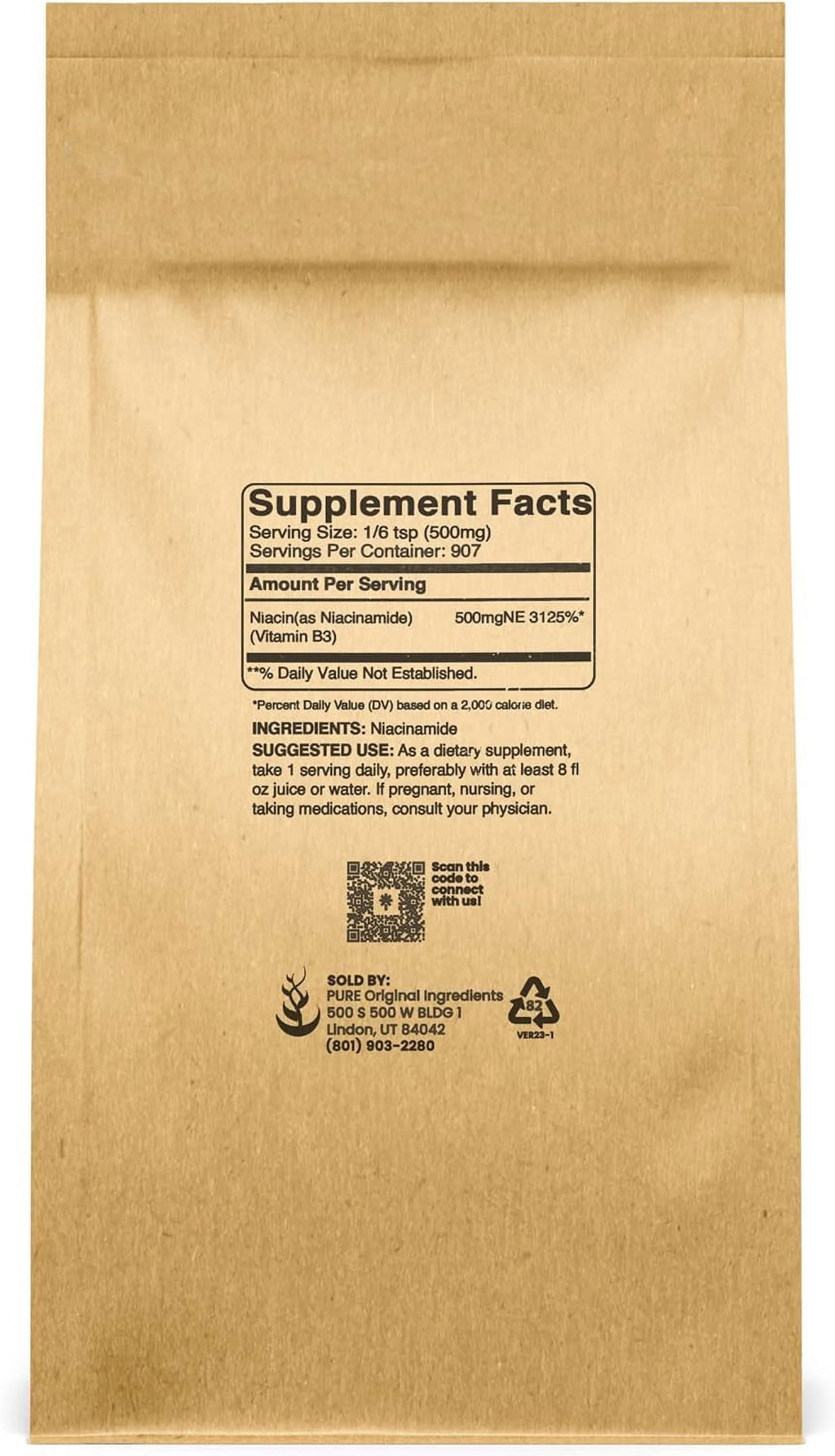 Niacinamide Vitamin B3 Powder, Flush-Free, Gluten-Free, 16 oz I232