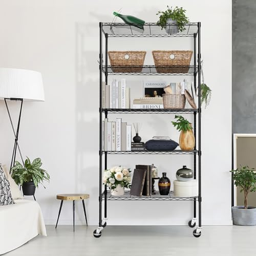 Heavy Duty 6-Tier Storage Shelves with Wheels, Adjustable Metal Wire Rack E412