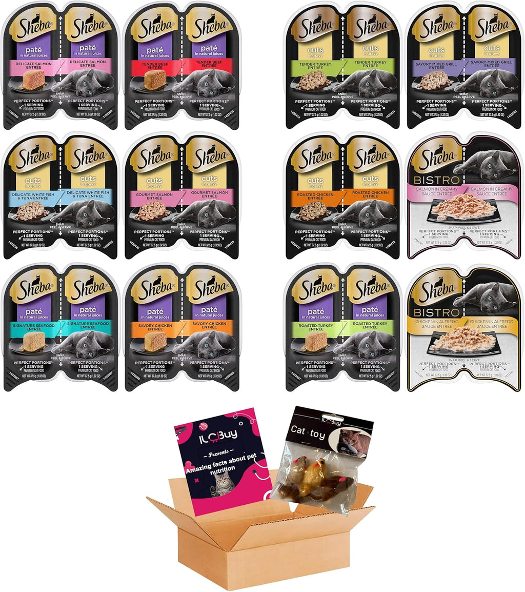 Sheba Perfect Portions Premium Bundle assorted Cuts in Gravy,Pate in natural juice Bistro Cat Food 12 trays(01 each flavor) 2.6 Ounces each tray with a Kit Toys for cats and a Booklet.