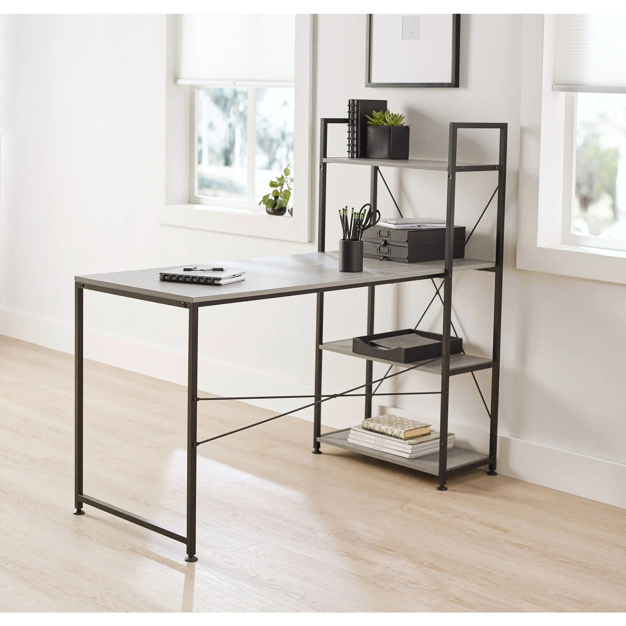 Computer Desk with Storage Shelves, Gray T136051