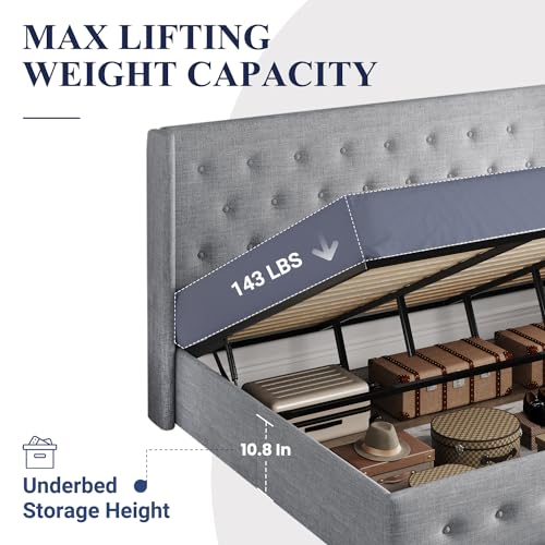Full Size Lift Up Storage Bed with Wingback Headboard, Hydraulic Support, Light Beige P736605
