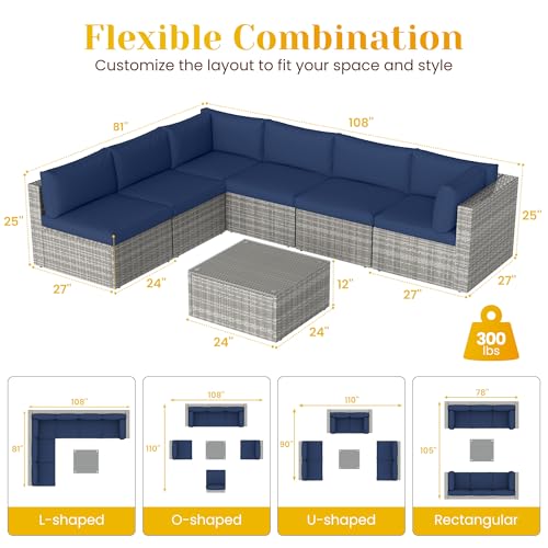 Outdoor Patio Furniture Set with Glass Tea Table, PE Rattan Wicker, Washable Cushions, Grey K8525