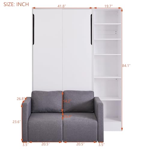 Murphy Bed Queen Size with Cushion, Foldable Sofa Bed Frame with Slat Support, White C2974