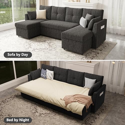 Oversized Sleeper Sofa Couch with Double Storage Chaise, Dark Grey B422253