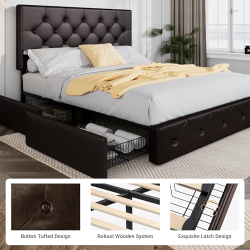 Upholstered Queen Platform Bed Frame with 4 Storage Drawers and Headboard G724955