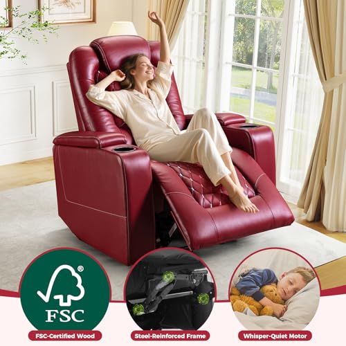 Recliner Chair with USB Ports and Cup Holders, PU Leather, Red F8675