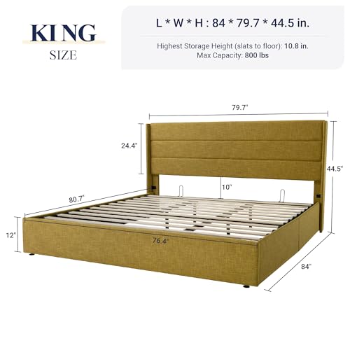 Full Size Lift Up Storage Bed with Wingback Headboard, Hydraulic Support, Light Beige P736605