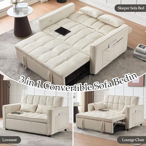 Convertible Sleeper Sofa Couch Bed with USB Port, Adjustable Backrest, Light Grey G549