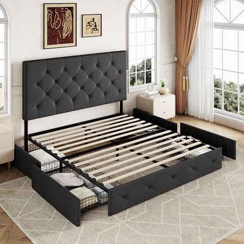 Upholstered Queen Platform Bed Frame with 4 Storage Drawers and Headboard G724955