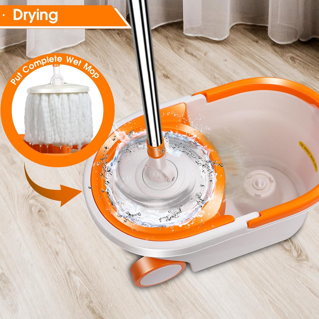 Spin Mop and Bucket with Wringer, Adjustable Handle, Stainless Steel Bucket with Wheels, 6 Microfiber Pads W465680