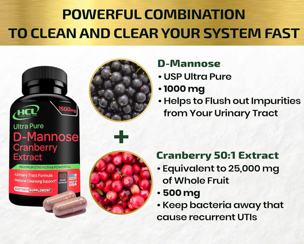 D-Mannose with Cranberry Extract Capsules 1500mg for Urinary Tract Health L7493