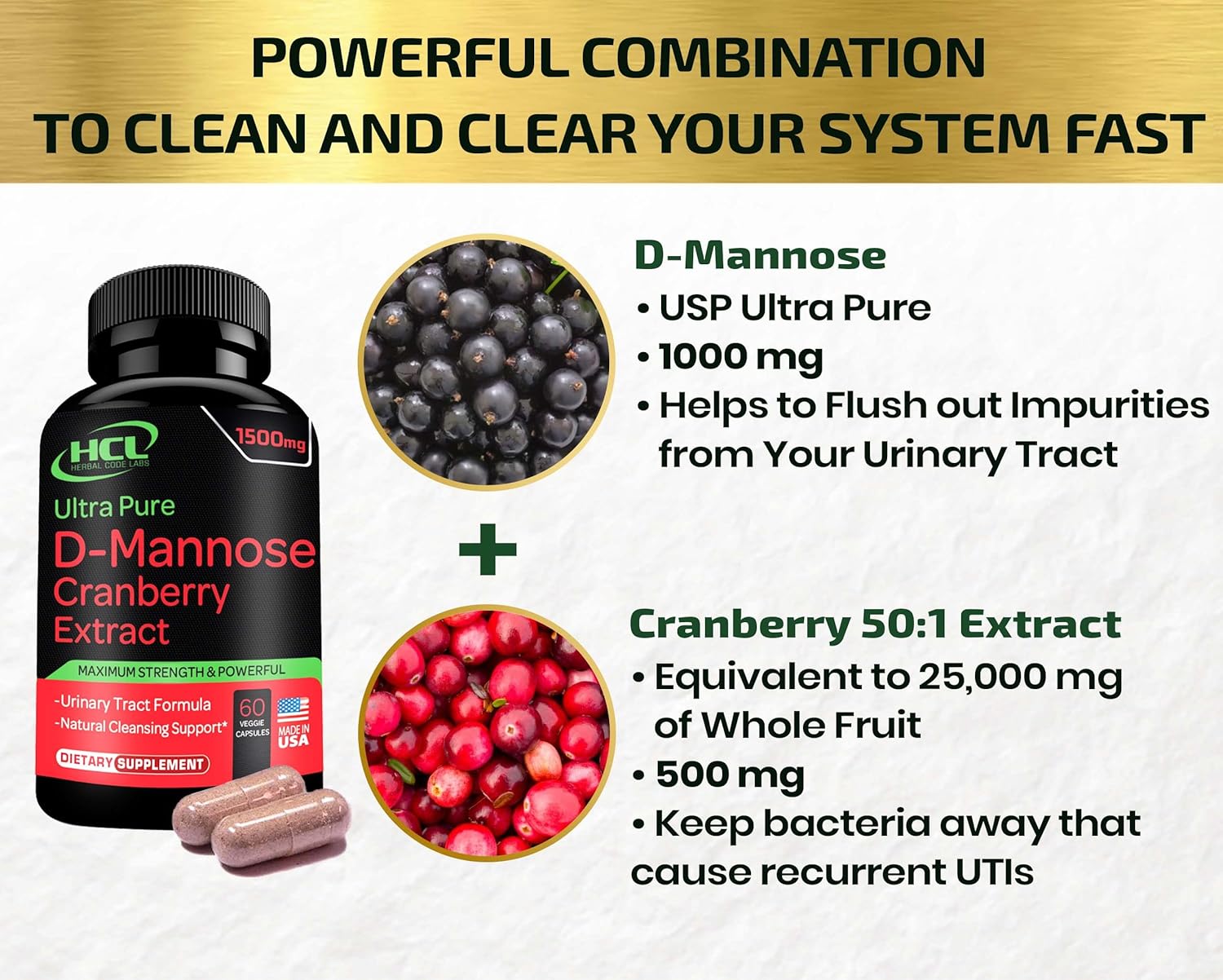 D-Mannose with Cranberry Extract Capsules 1500mg for Urinary Tract Health L7493
