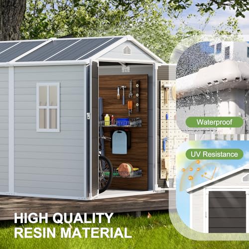 Resin Storage Shed, Waterproof Outdoor Tool Shed with Floor, Double Lockable Doors I89690