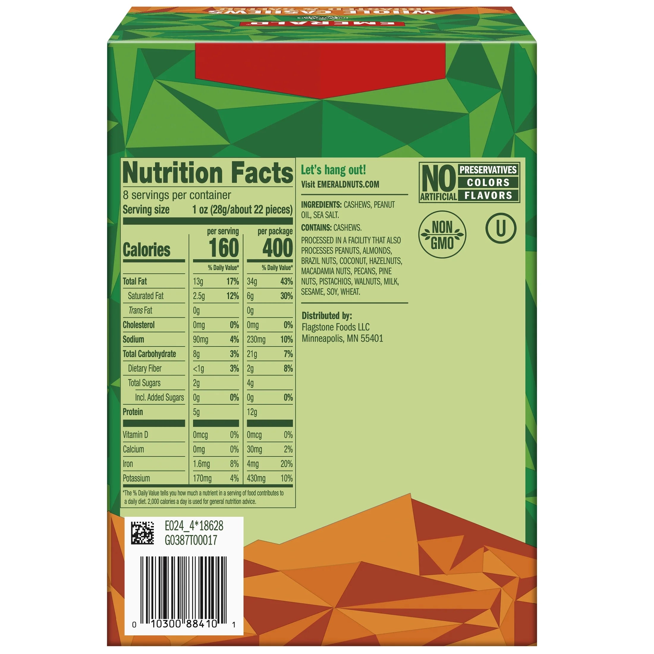 Roasted & Salted Whole Cashews, 8 Count Box, 20 oz, Pack of 6 F499683