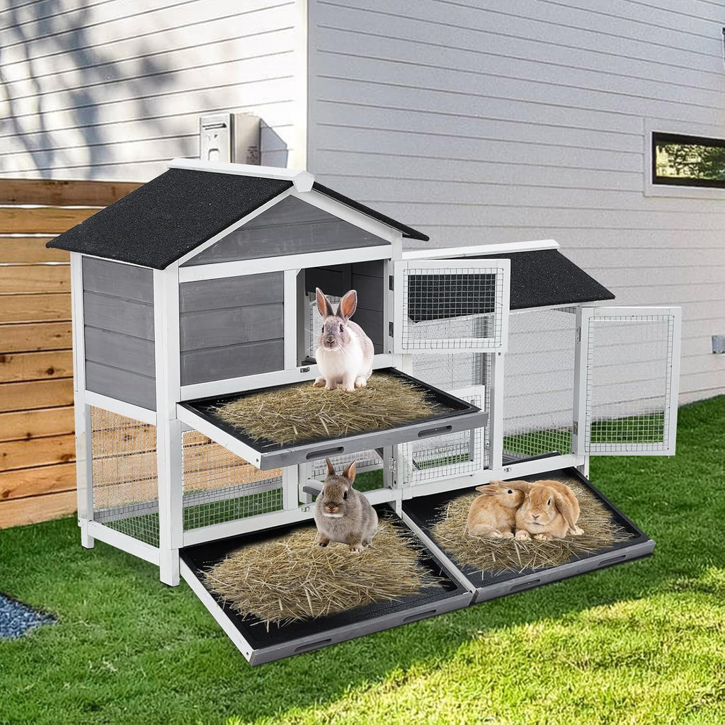 Wooden Outdoor Indoor Bunny Hutch Rabbit Cage with Stairs and Cleaning Tray X8885