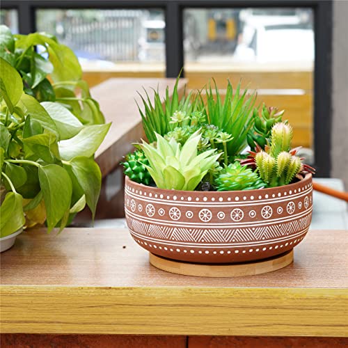 Terracotta Succulent Planter Pot with Drainage Hole and Bamboo Tray V7688