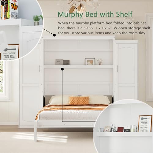 Murphy Bed with Two Wardrobes and Storage Shelf for Small Bedrooms A623