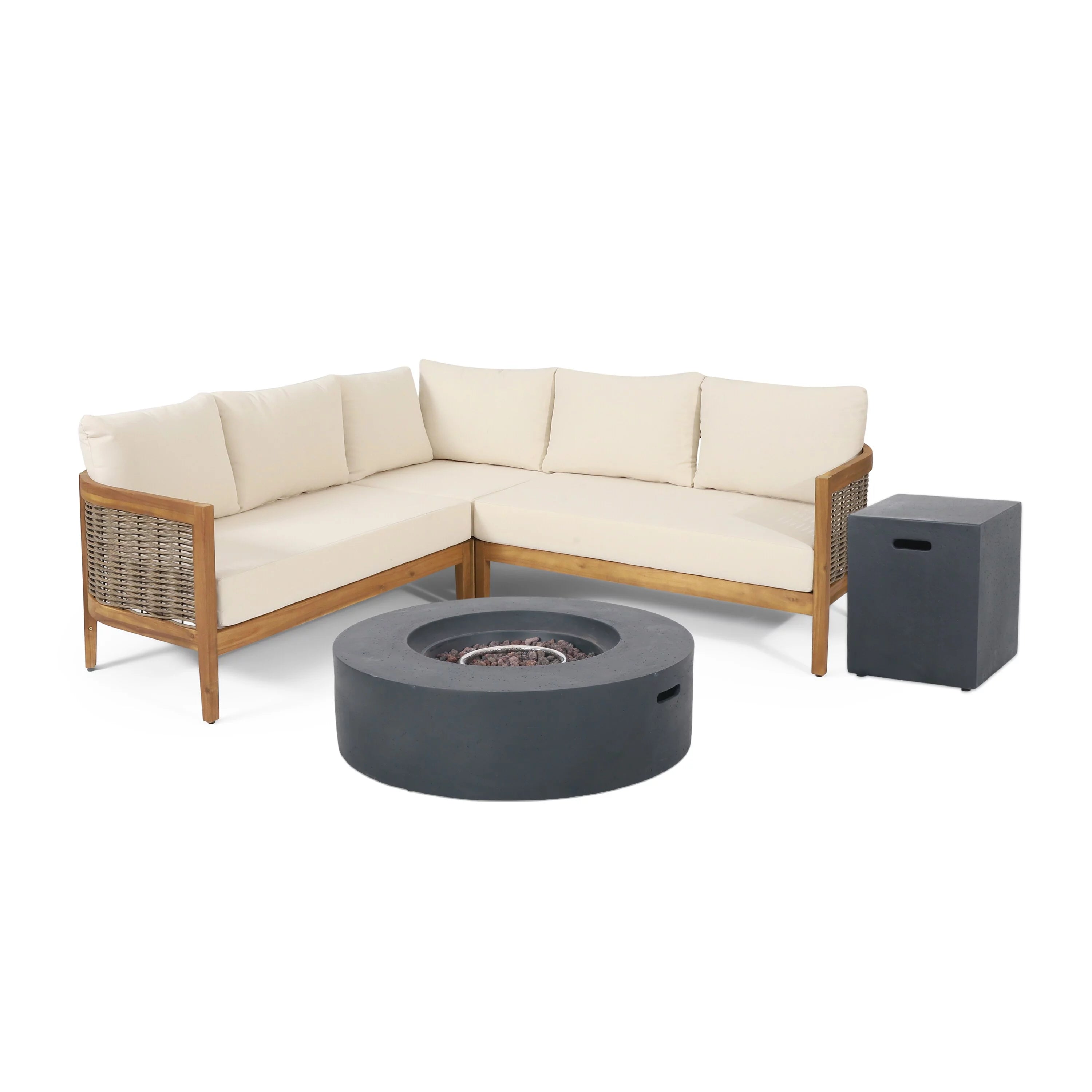 Outdoor Acacia Wood Wicker 5 Seater Sectional Sofa with Fire Pit Q3799