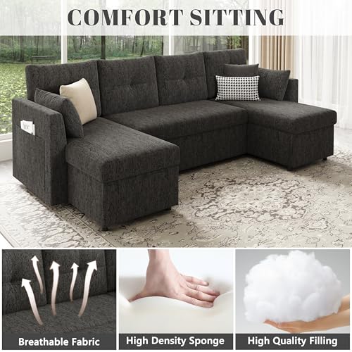 Oversized Sleeper Sofa Couch with Double Storage Chaise, Dark Grey B422253