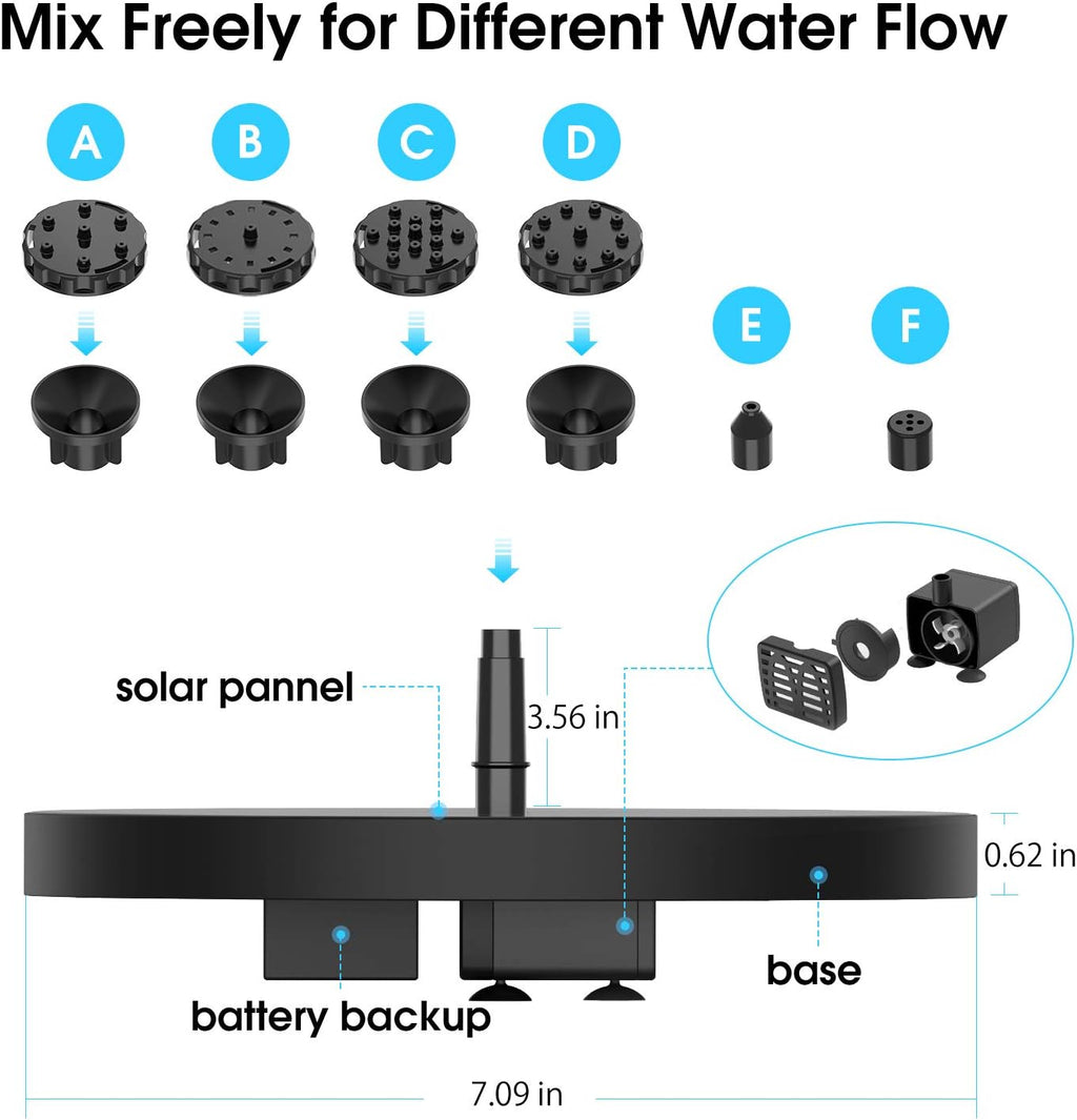 Solar Fountain Pump with 1500mAh Battery and 6 Nozzles Q81821
