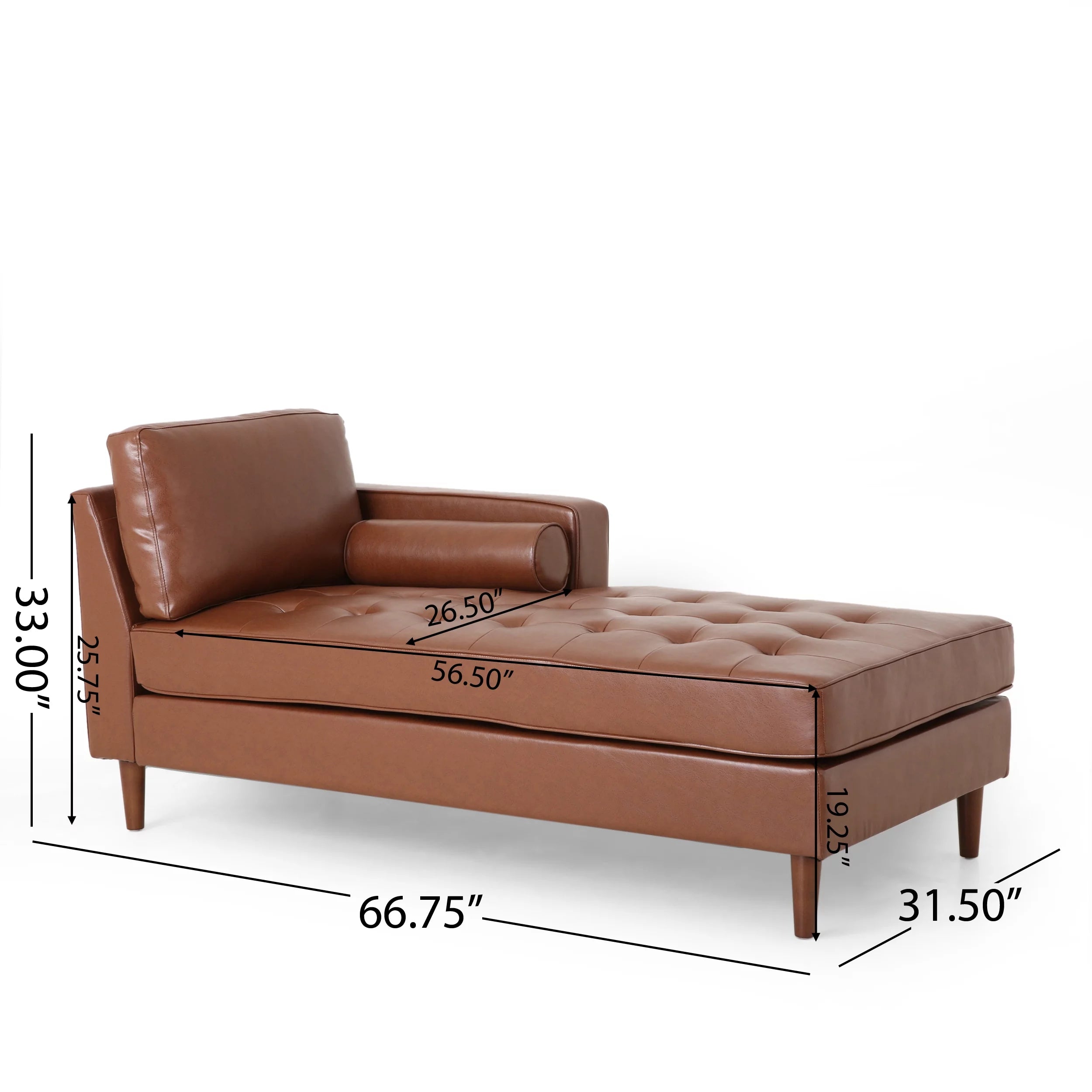 Faux Leather Tufted One Armed Chaise Lounge, Cognac Brown A74924