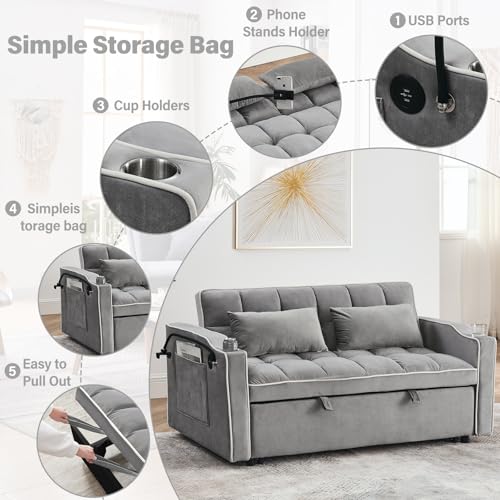 Convertible Sofa Bed, 3 in 1 Velvet Sleeper with Adjustable Backrest, Gray K13376