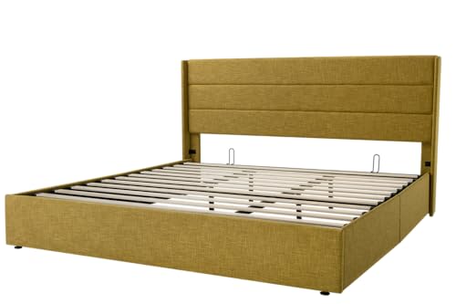 Full Size Lift Up Storage Bed with Wingback Headboard, Hydraulic Support, Light Beige P736605
