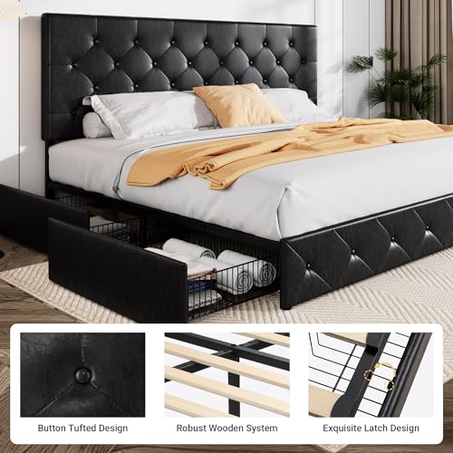 Upholstered Queen Platform Bed Frame with 4 Storage Drawers and Headboard G724955