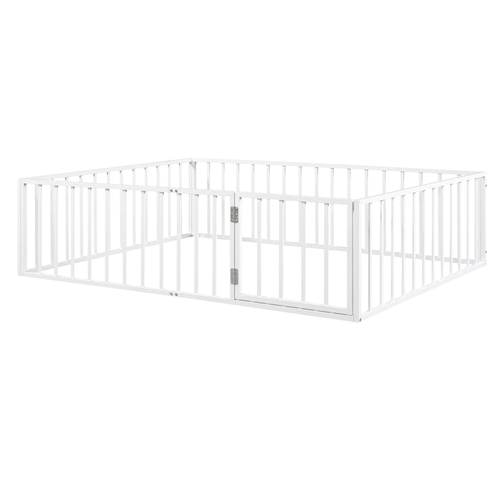 Queen Floor Bed with Fence Rails and Lockable Door for Kids, White T678