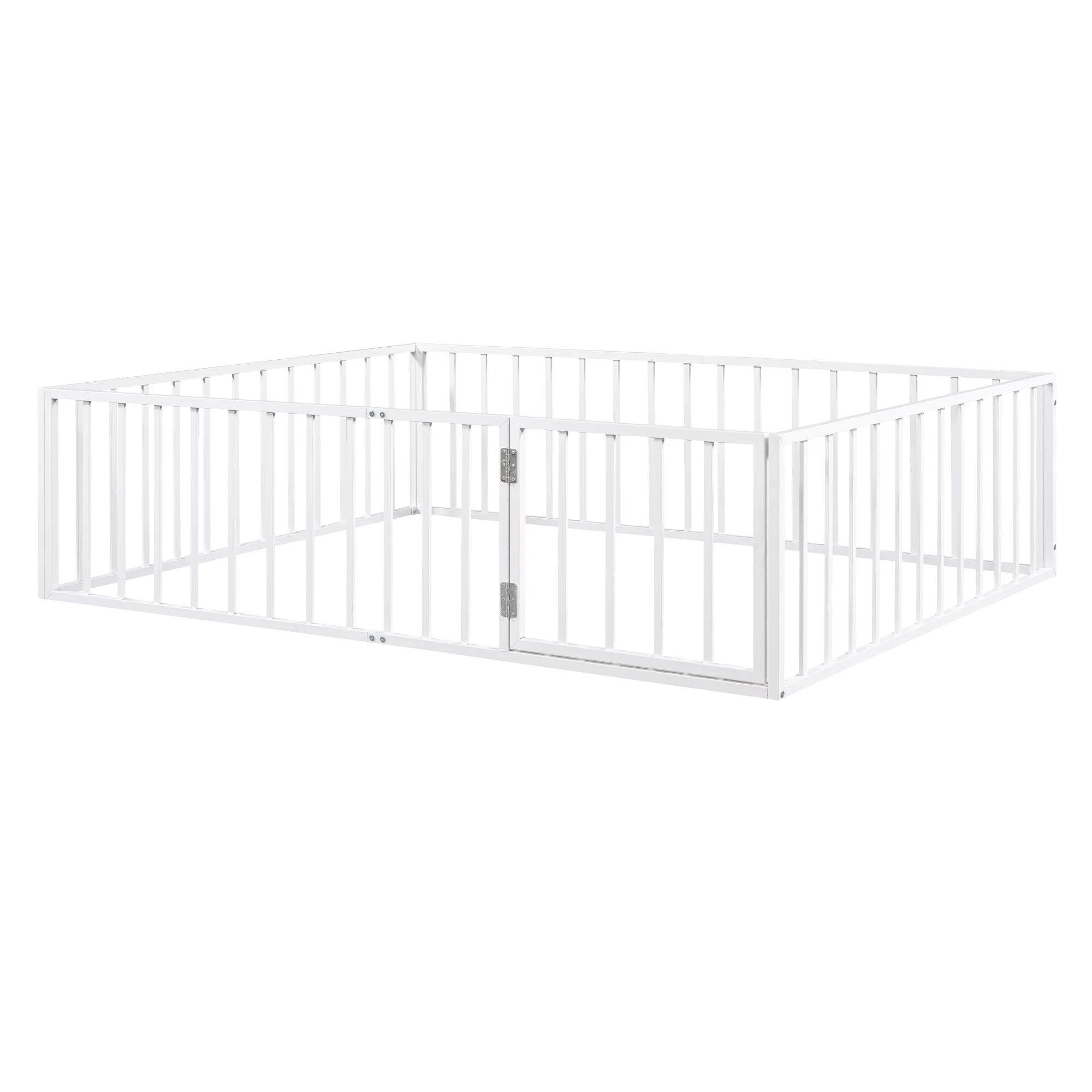 Queen Floor Bed with Fence Rails and Lockable Door for Kids, White T678