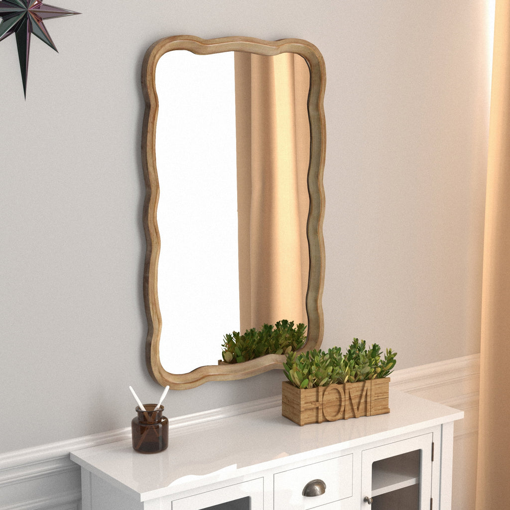 Curved Wood Frame Accent Mirror, Farmhouse French Country Wall Mirror, Rectangle 23.5" x 38" D47892