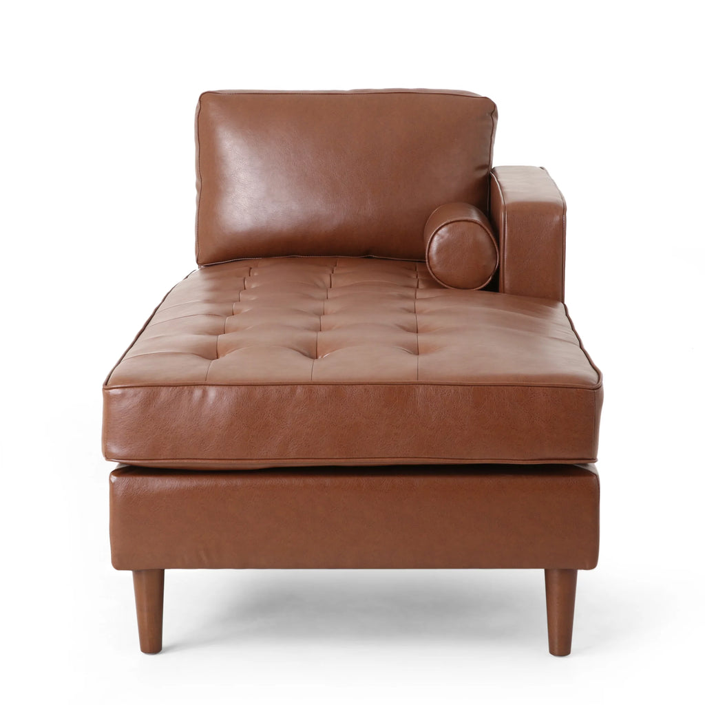 Faux Leather Tufted One Armed Chaise Lounge, Cognac Brown A74924